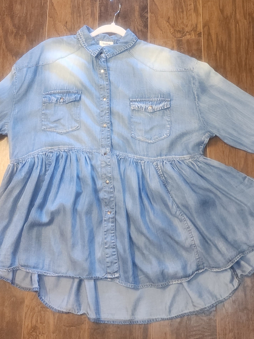 GeeGee Chambray Babydoll Blue Denim Peplum Top